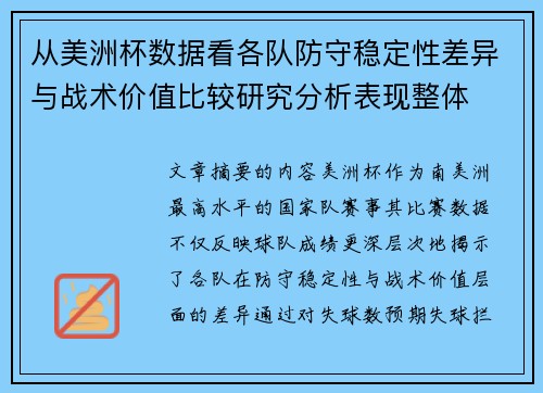 从美洲杯数据看各队防守稳定性差异与战术价值比较研究分析表现整体